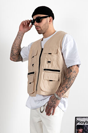 Bej Çok Cepli Utility Kargo Erkek Yelek