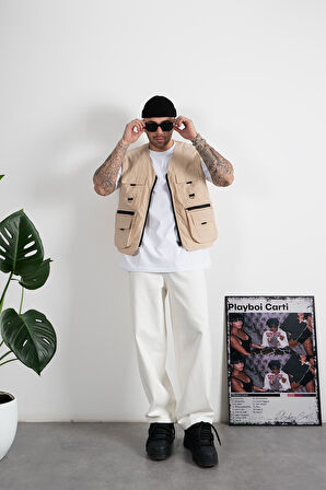 Bej Çok Cepli Utility Kargo Erkek Yelek