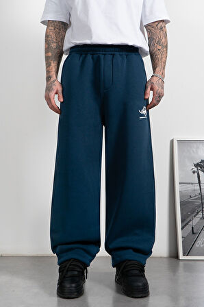 Classic Logo Stoperli Lacivert Wide Leg Erkek Eşofman Altı