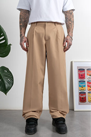 Wide Leg Pilili Bej Retro Erkek Kumaş Pantolon