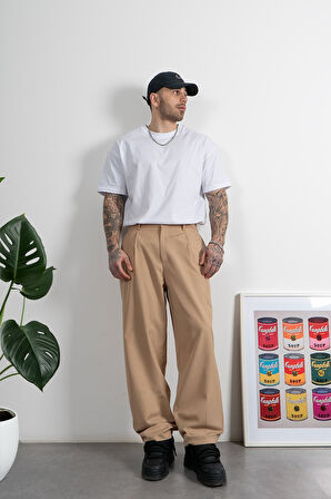 Wide Leg Pilili Bej Retro Erkek Kumaş Pantolon