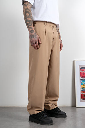 Wide Leg Pilili Bej Retro Erkek Kumaş Pantolon