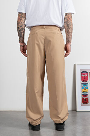 Wide Leg Pilili Bej Retro Erkek Kumaş Pantolon