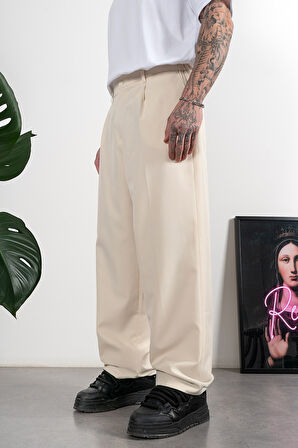 Wide Leg Pilili Ekru Retro Erkek Kumaş Pantolon