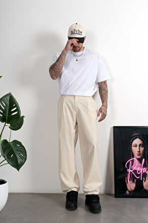 Wide Leg Pilili Ekru Retro Erkek Kumaş Pantolon
