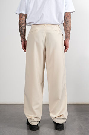 Wide Leg Pilili Ekru Retro Erkek Kumaş Pantolon