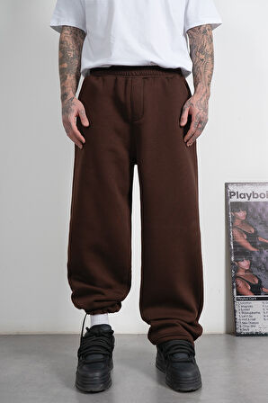 Stoperli Kahve Wide Leg Erkek Eşofman Altı