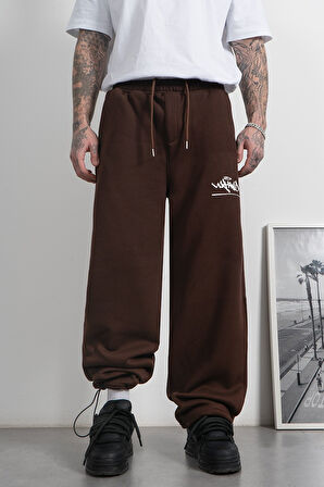 Classic Logo Stoperli Kahve Wide Leg Erkek Eşofman Altı