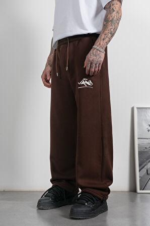 Classic Logo Stoperli Kahve Wide Leg Erkek Eşofman Altı