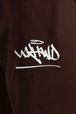 Classic Logo Stoperli Kahve Wide Leg Erkek Eşofman Altı