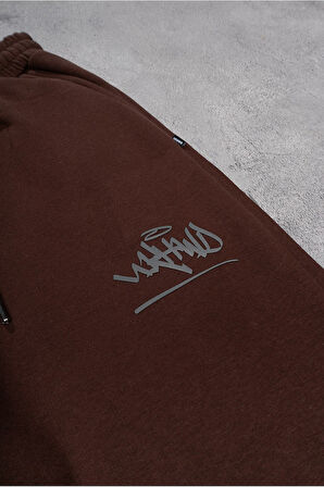 Classic Logo Stoperli Reflektör Kahve Wide Leg Erkek Eşofman Altı