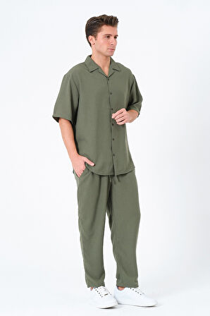 Haki Soft Keten Erkek Gömlek ve Pantolon Takım