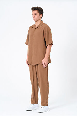 Kahverengi Soft Keten Erkek Gömlek ve Pantolon Takım
