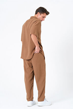 Kahverengi Soft Keten Erkek Gömlek ve Pantolon Takım