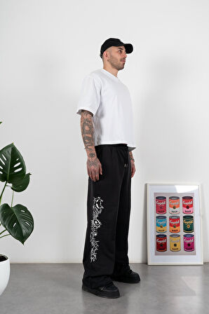Yanları Nakışlı Baggy Siyah Erkek Eşofman Altı