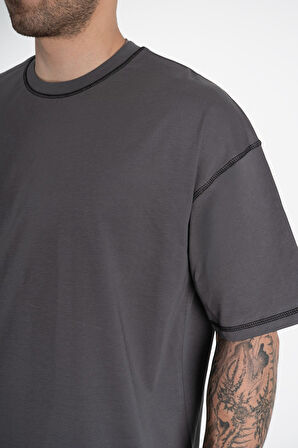 Kontrast Dikiş Oversize Füme Erkek Tişört