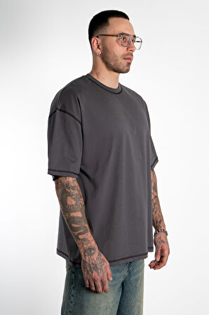Kontrast Dikiş Oversize Füme Erkek Tişört