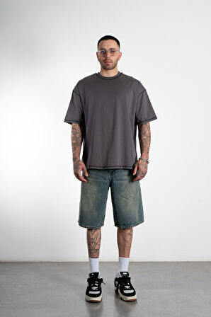 Kontrast Dikiş Oversize Füme Erkek Tişört