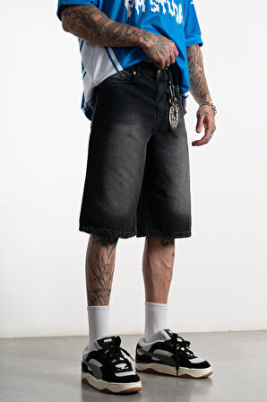 Washed Siyah Baggy Jean Erkek Şort