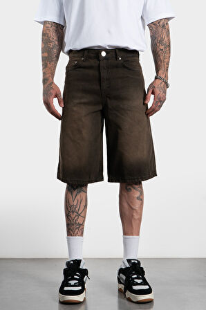 Acid Washed Kahve Baggy Jean Erkek Şort