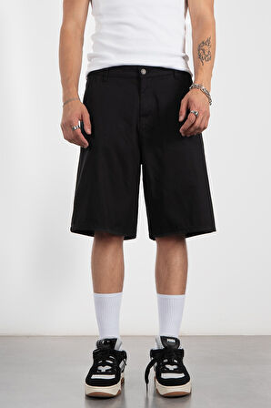 Siyah Gabardin Baggy Jean Erkek Şort Jorts