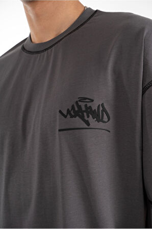 Kontrast Dikiş Classic Logo Oversize Füme Erkek Tişört