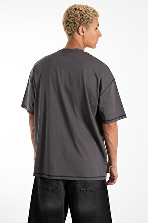 Kontrast Dikiş Classic Logo Oversize Füme Erkek Tişört