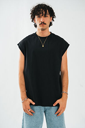 Siyah Oversize Kolsuz Erkek Tişört TB2213SY