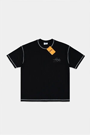 Kontrast Dikiş Reflektör Logo Oversize Siyah Erkek Tişört