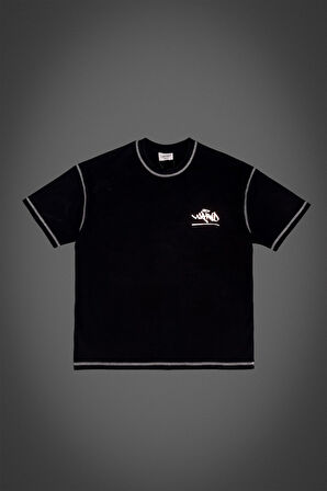 Kontrast Dikiş Reflektör Logo Oversize Siyah Erkek Tişört