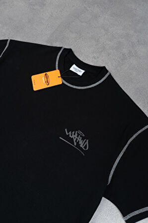 Kontrast Dikiş Reflektör Logo Oversize Siyah Erkek Tişört