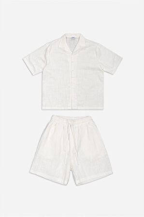 Alaçatı %100 Pamuk Keten Beyaz Erkek Gömlek ve Şort Takım