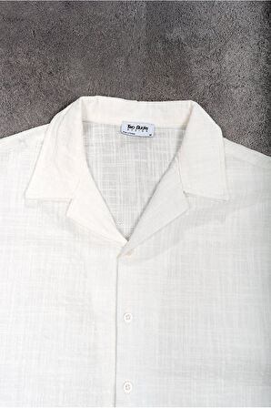 Alaçatı %100 Pamuk Keten Beyaz Erkek Gömlek ve Şort Takım