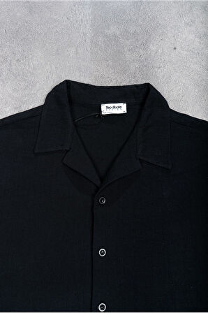 Alaçatı %100 Pamuk Keten Siyah Erkek Gömlek ve Şort Takım