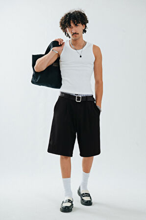 Siyah Relaxed Fit Erkek Kumaş Şort