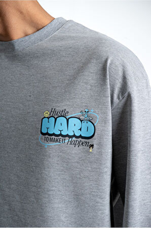 Hustle Hard Oversize Uzun Kollu Gri Erkek Tişört
