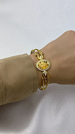 Zirkon Taşlı Tuğralı Altın Kelepçe Bileklik