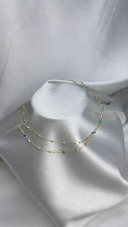 Dorika Toplu Beyaz Ve Mavi Renk Mineli Altın Kolye