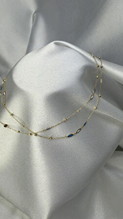 Dorika Toplu Beyaz Ve Mavi Renk Mineli Altın Kolye