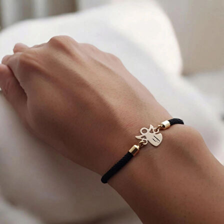 Özel ve Şık Mevlana Figürlü Siyah Örgülü ve 14 Ayar Altın Plakalı Y Harfi Bilekliği