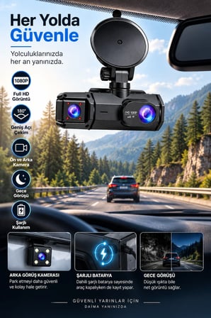 Ön Arka Kayıt 1080P Full HD 180° Geniş Açı Şarjlı Kullanım