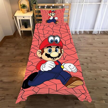 Süper Mario Desenli Yatak örtüsü ve yastık kılıfı 2li takımı