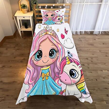 Princesa y unicornio Desenli Yatak örtüsü ve yastık kılıfı 2li takımı