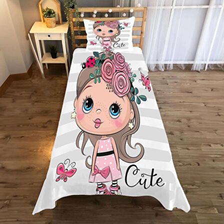 Çiçek ve uğur böceği ile karikatür kız Desenli Yatak örtüsü ve yastık kılıfı 2li takımı