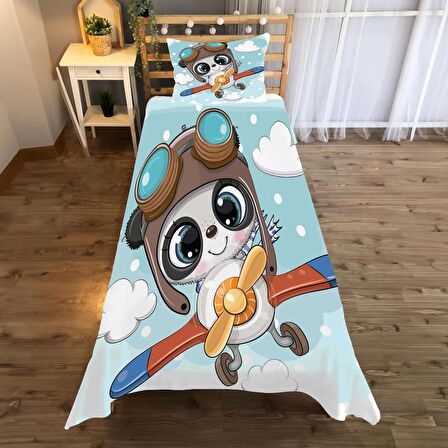 Sevimli Panda bir uçakta uçuyor Desenli Yatak örtüsü ve yastık kılıfı 2li takımı