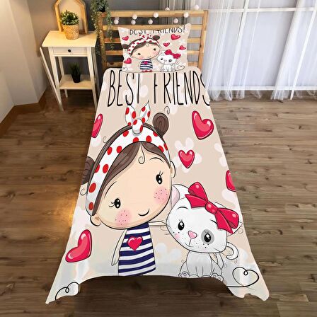 BEST FRIENDS Desenli Yatak örtüsü ve yastık kılıfı 2li takımı