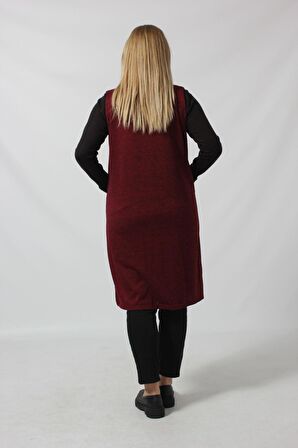 Deri Cep Detaylı Uzun Triko Yelek