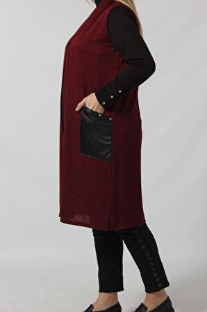 Deri Cep Detaylı Uzun Triko Yelek