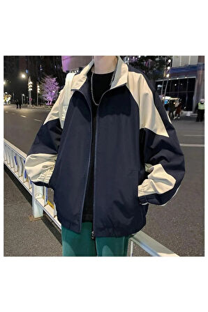 Y2k Krem Lacivert Retro Unisex Paraşüt Kumaş Oversize Dijital Baskılı Rüzgarlık Yağmurluk
