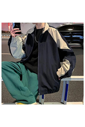 Y2k Krem Lacivert Retro Unisex Paraşüt Kumaş Oversize Dijital Baskılı Rüzgarlık Yağmurluk
